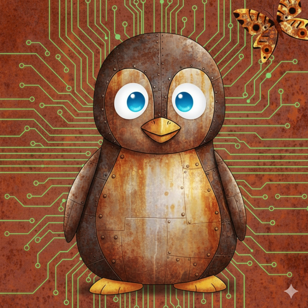 Rusty penguin. Created by DALL·E 3.